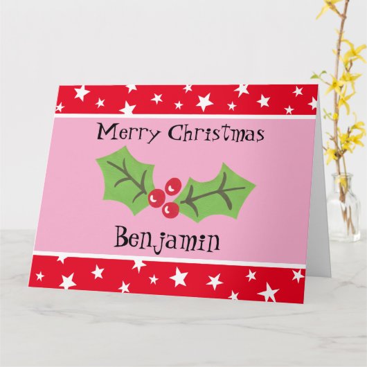 Gepersonaliseerde kerst Holly & Berries Kaart (Gele Bloem)