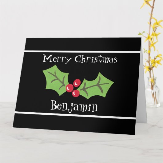 Gepersonaliseerde kerst Holly & Berries Kaart (Gele Bloem)
