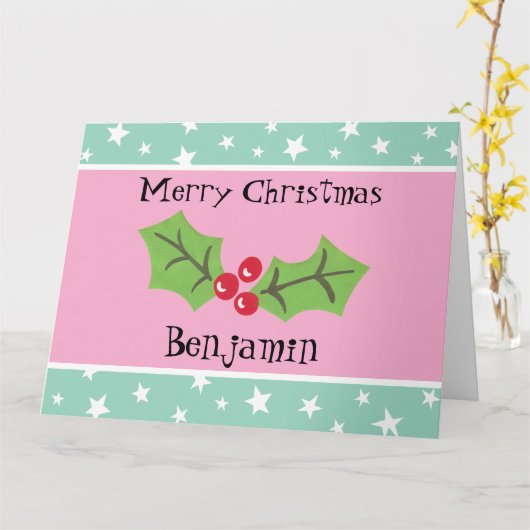 Gepersonaliseerde kerst Holly & Berries Kaart (Gele Bloem)