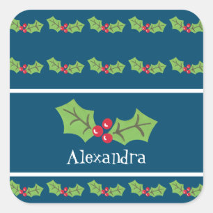 Gepersonaliseerde kerst Holly & Berries Vierkante Sticker