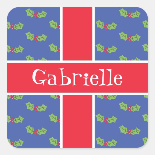 Gepersonaliseerde kerst Holly & Berries Vierkante Sticker (Voorkant)