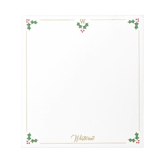 Gepersonaliseerde Kerst Holly Monogram Notitieblok (Voorkant)