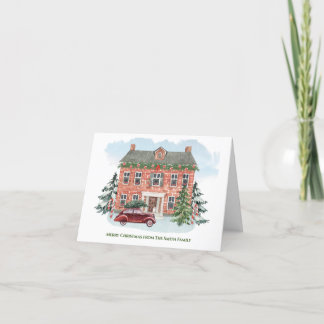 Gepersonaliseerde kerst huis en vintage auto feestdagen kaart