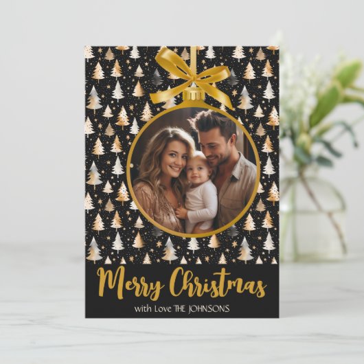 Gepersonaliseerde Kerst Kaart met Gouden Ornament (Staand voorkant)