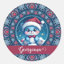 Gepersonaliseerde Kerst Kawaii Beer Dot Mandala Ronde Sticker