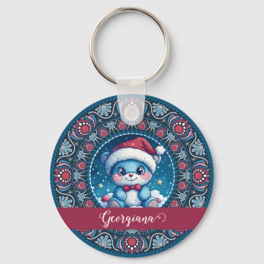 Gepersonaliseerde Kerst Kawaii Beer Dot Mandala Sleutelhanger (Voorkant)