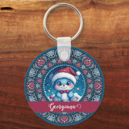 Gepersonaliseerde Kerst Kawaii Beer Dot Mandala Sleutelhanger