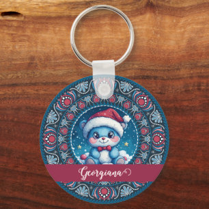 Gepersonaliseerde Kerst Kawaii Beer Dot Mandala Sleutelhanger