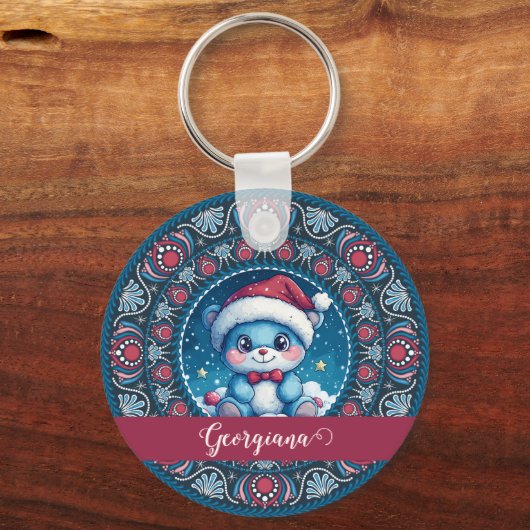 Gepersonaliseerde Kerst Kawaii Beer Dot Mandala Sleutelhanger (Voorkant)