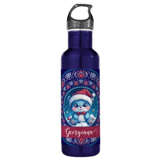 Gepersonaliseerde Kerst Kawaii Beer Dot Mandala Waterfles (Voorkant)