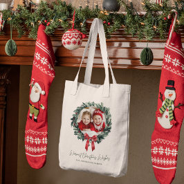 Gepersonaliseerde Kerst Krans Canvas tas met Foto