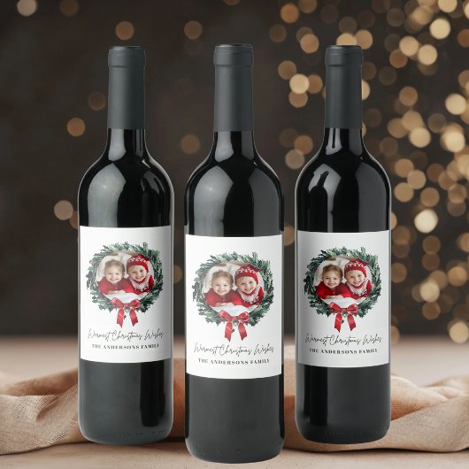 Gepersonaliseerde Kerst Krans Label met Foto Wijn Etiket
