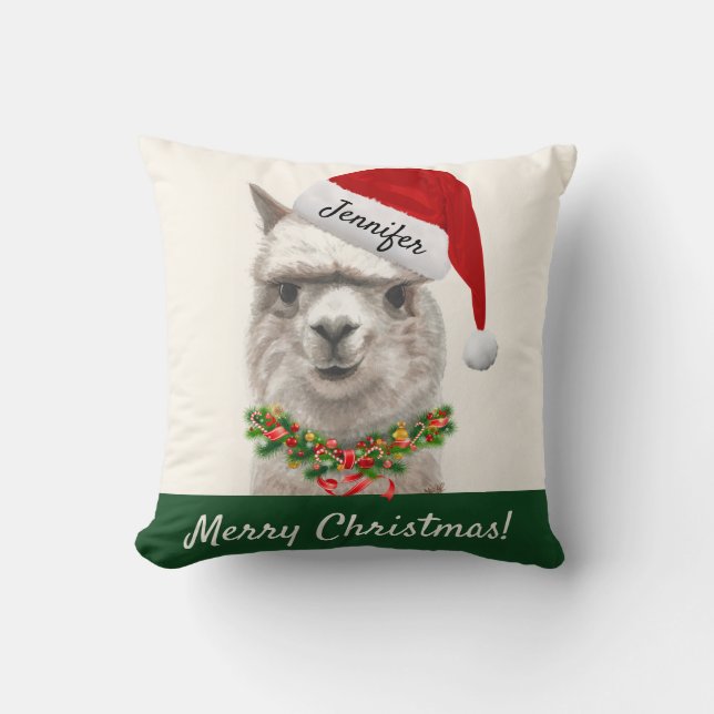 Gepersonaliseerde kerst Llama Smiles Sierkussen (Voorkant)