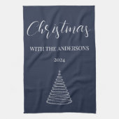 Gepersonaliseerde kerst navy blauwe keukenhanddoek (Verticaal)