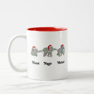 Gepersonaliseerde kerst olifant met namen tweekleurige koffiemok