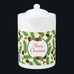 Gepersonaliseerde kerst Pinecones & Berries Theepot<br><div class="desc">Moderne elegante groene pijnboombladeren,  pinecones en rode bessen op wit. Ideaal voor het kerstseizoen!</div>