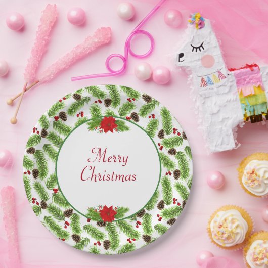 Gepersonaliseerde kerst Pinecones & rode bessen Papieren Bordje (Feest)