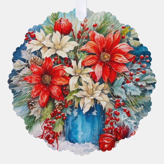 Gepersonaliseerde kerst poinsettia, bessen boeket ornament kaart (Voorkant)