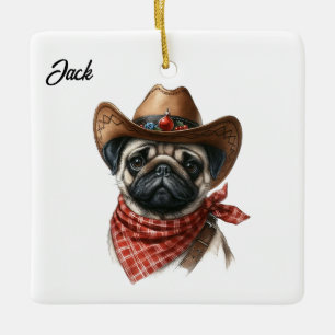 Gepersonaliseerde kerst Pug met Cowboy Santa Hat Keramisch Ornament