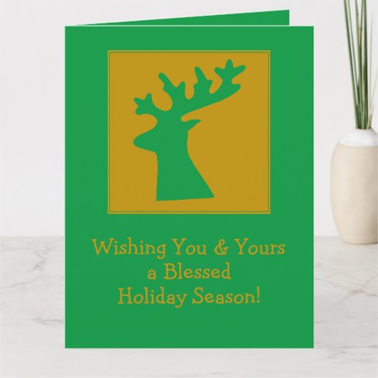 Gepersonaliseerde kerst rendier hoofd goud groen kaart (Voorkant)