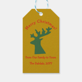 Gepersonaliseerde kerst rendier hoofd groen & goud cadeaulabel