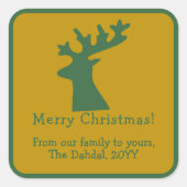 Gepersonaliseerde kerst rendier hoofd groen & goud vierkante sticker (Voorkant)