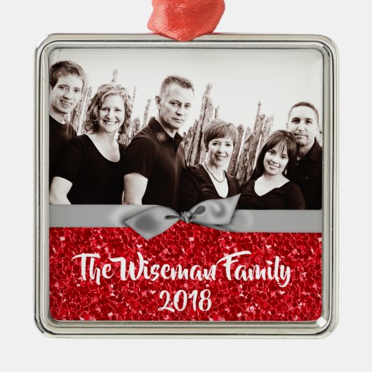 Gepersonaliseerde Kerst Rode Glitter FOTO Ornament (Voorkant)