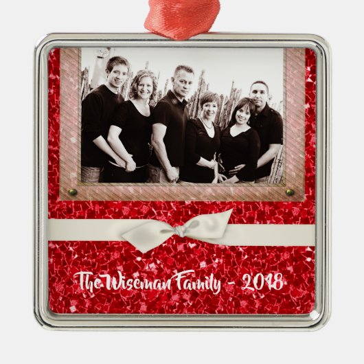 Gepersonaliseerde Kerst Rode Glitter FOTO Ornament (Voorkant)