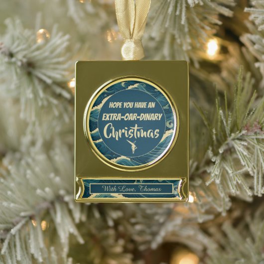 Gepersonaliseerde kerst roeien grappig verguld banner ornament (Boom)