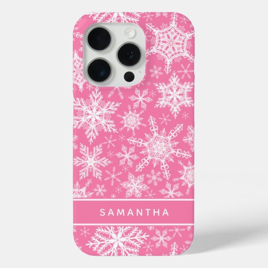 Gepersonaliseerde Kerst Roze en Witte Sneeuwvlokke Case-Mate iPhone Case (Achterkant)