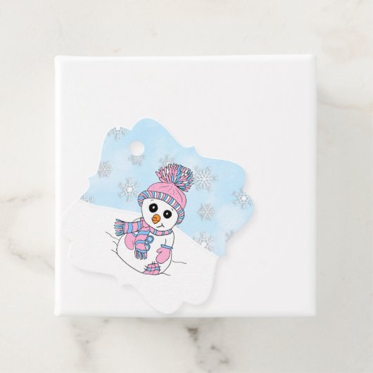 Gepersonaliseerde kerst roze sneeuwpop bedankjes labels (In situ)