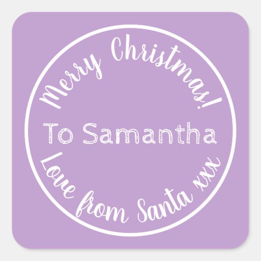 Gepersonaliseerde kerst van Santa Paarse Lila Vierkante Sticker (Voorkant)