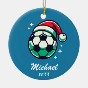Gepersonaliseerde kerst Voetbal met Santa Hat Keramisch Ornament