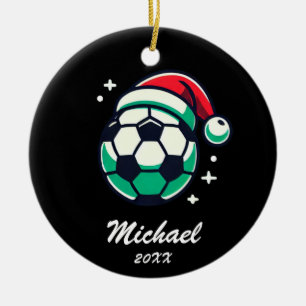 Gepersonaliseerde kerst Voetbal met Santa Hat Keramisch Ornament