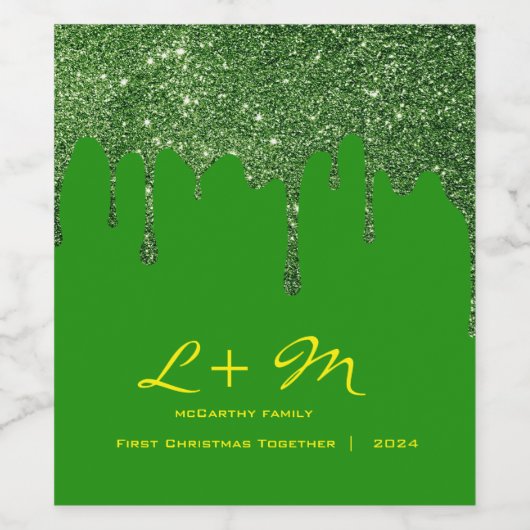 Gepersonaliseerde Kerst Wijn Label – Green Glitter Wijn Etiket (Enkel label)