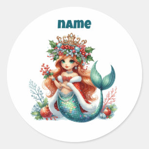 Gepersonaliseerde Kerst Zeemeermin Circulaire Stic Ronde Sticker