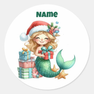 Gepersonaliseerde Kerst Zeemeermin Circulaire Stic Ronde Sticker