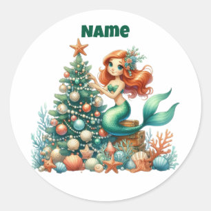 Gepersonaliseerde Kerst Zeemeermin Circulaire Stic Ronde Sticker