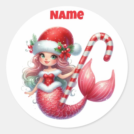Gepersonaliseerde Kerst Zeemeermin Cirkelvormige S Ronde Sticker (Voorkant)