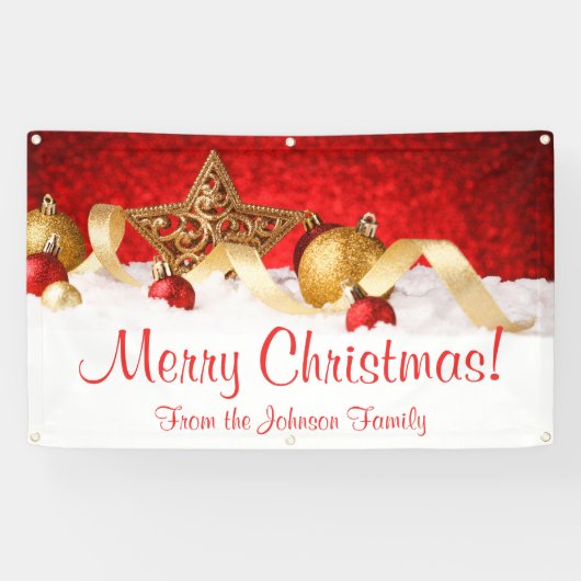 Gepersonaliseerde Kerstbanner Red Gold Star Spandoek (Horizontaal)