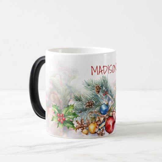 Gepersonaliseerde kerstbessen en Frosted Wreath Magische Mok (Voorkant links)