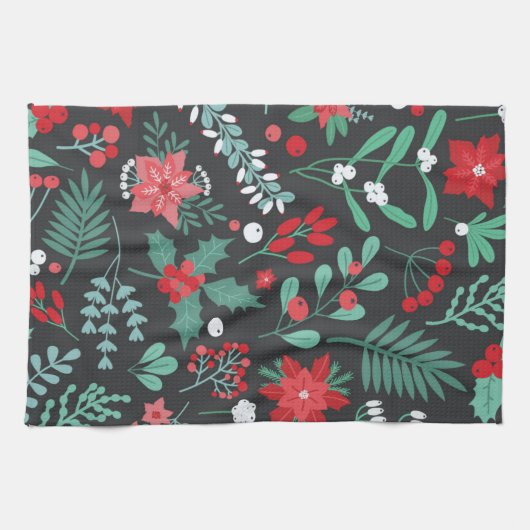 Gepersonaliseerde kerstbloem patroon familienaam theedoek (Horizontaal)