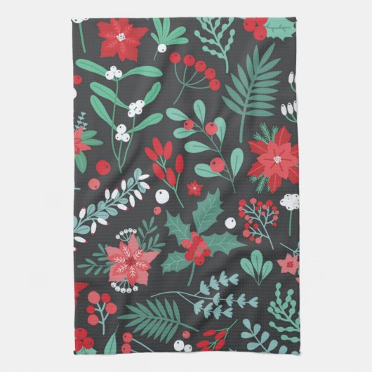 Gepersonaliseerde kerstbloem patroon familienaam theedoek (Verticaal)