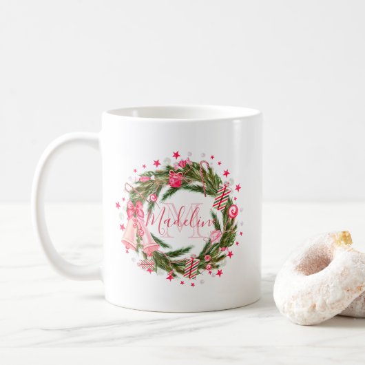 Gepersonaliseerde kerstboomstructuur met monogram koffiemok (Met donut)