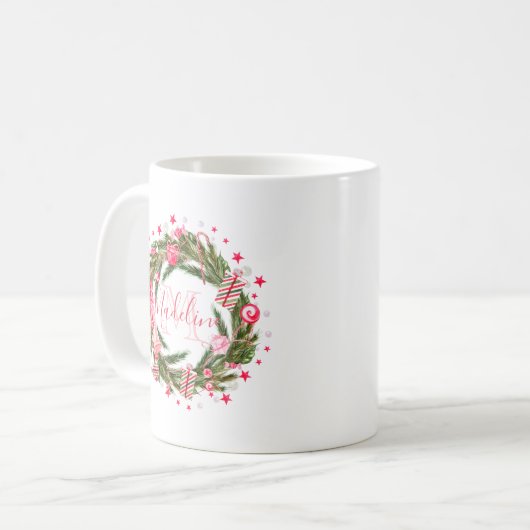 Gepersonaliseerde kerstboomstructuur met monogram koffiemok (Voorkant links)