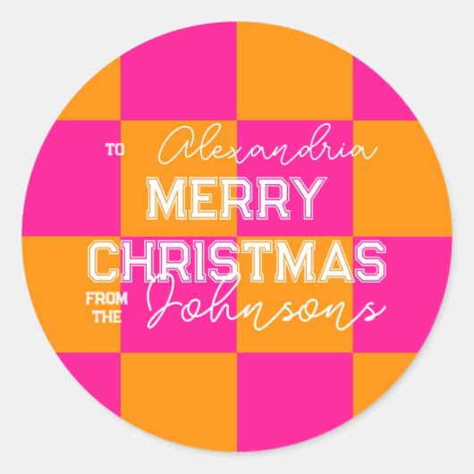 Gepersonaliseerde kerstcheck Hot Pink Sinaasappel Ronde Sticker (Voorkant)
