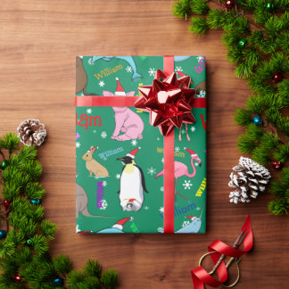 Gepersonaliseerde kerstdieren in Santa Hats Cadeaupapier