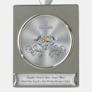 Gepersonaliseerde kerstelijke trouwcadeau-ideeën o verzilverd banner ornament