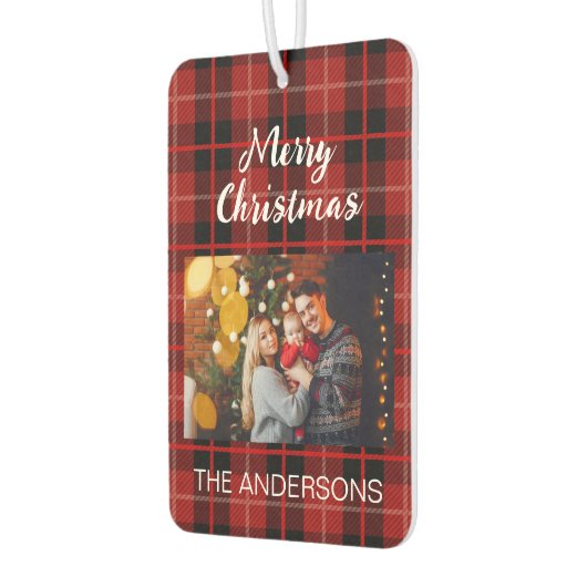 Gepersonaliseerde kerstfamilie foto rode plaid luchtverfrisser (Links)