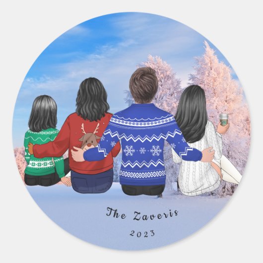 Gepersonaliseerde kerstfamilie mama papa Daughters Ronde Sticker (Voorkant)